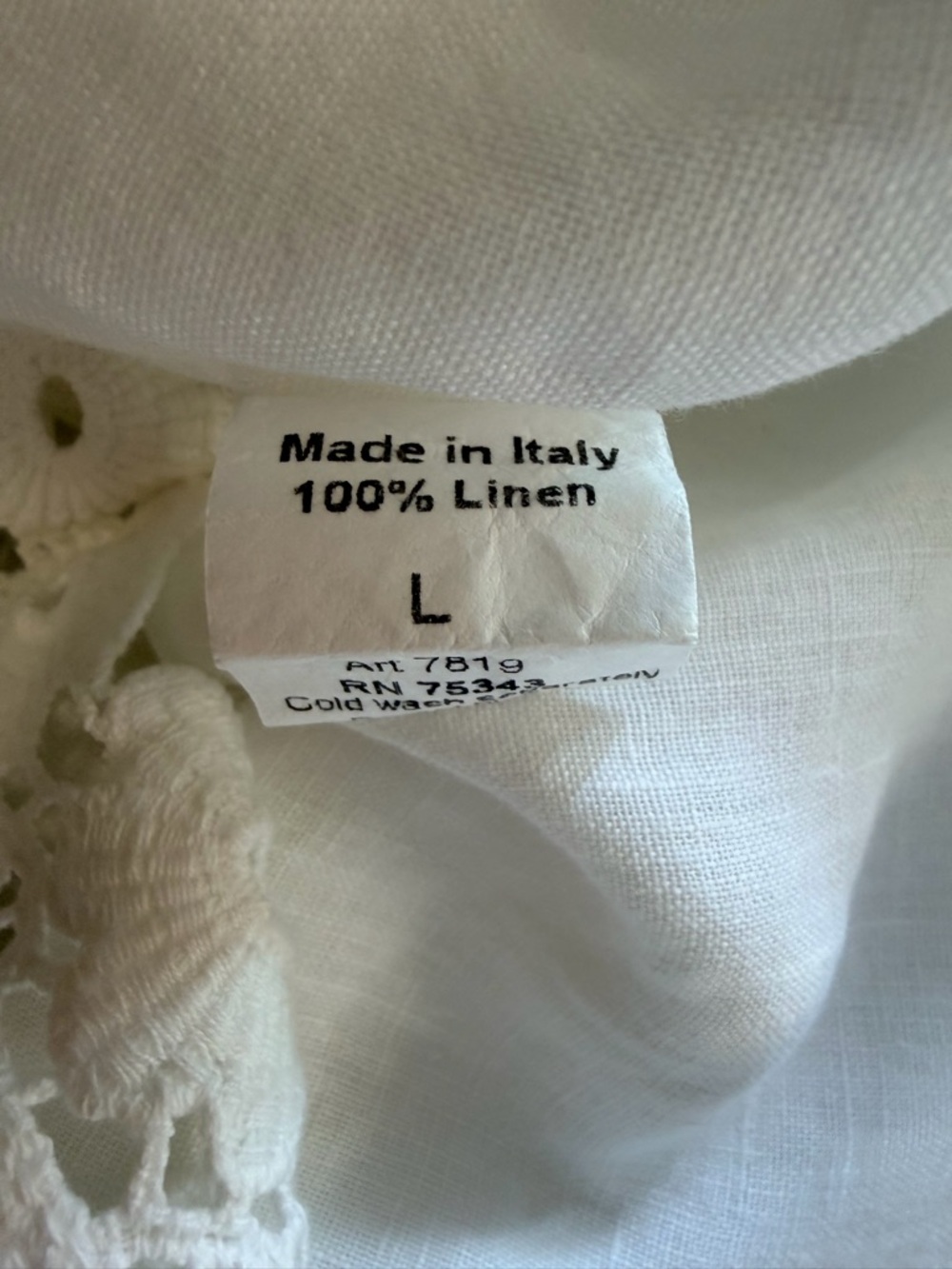Terzo Millennio 100% Linen Top White Crochet Hem Long Sleeve Made in Italy Sz L - Picture 5 of 6